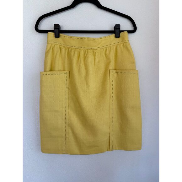 Anthro Cartonnier Well Pocket Contrast Stitch Textured Pencil Skirt in Yellow 6 - Picture 4 of 10